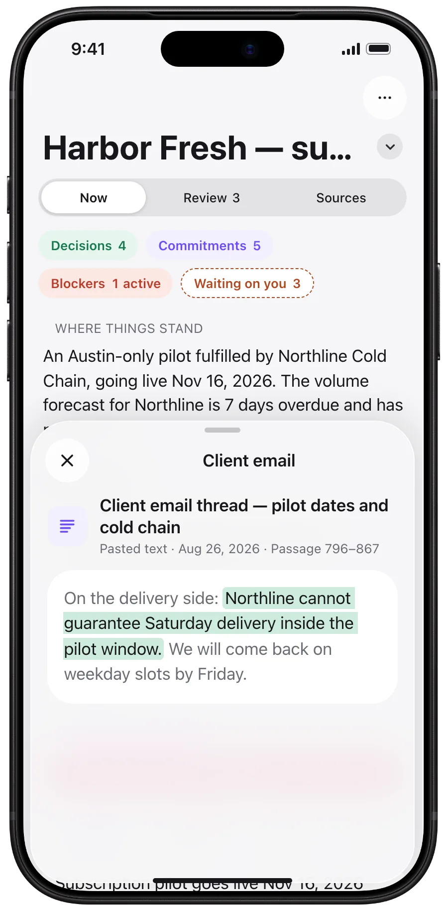 Korvu on iPhone: a line opened onto its source — the passage in the client’s email it came from.